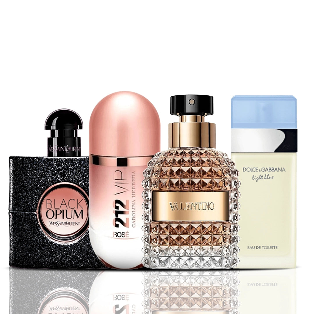 Conjunto de 4 perfumes | Black Opium + 212 VIP Rose + Valentino + Dolce & Gabbana Light Blue 100 ml