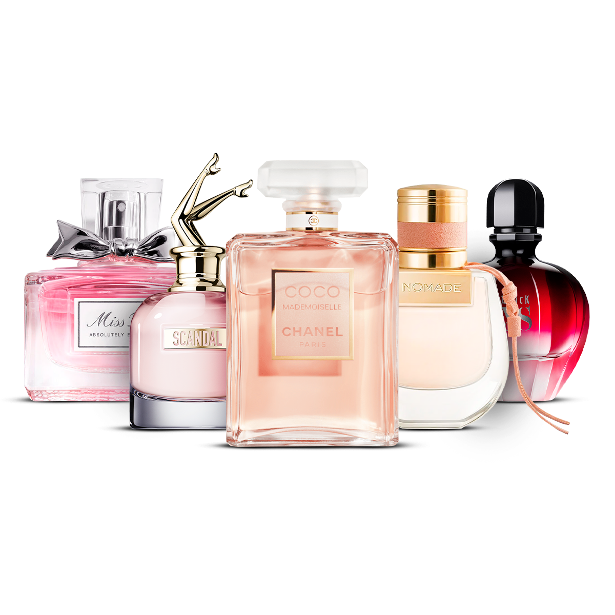 Conjunto de 5 perfumes – Miss Dior Absolutely Blooming, Scandal, Coco Mademoiselle, Nomade i Black XS [100 ml každý]