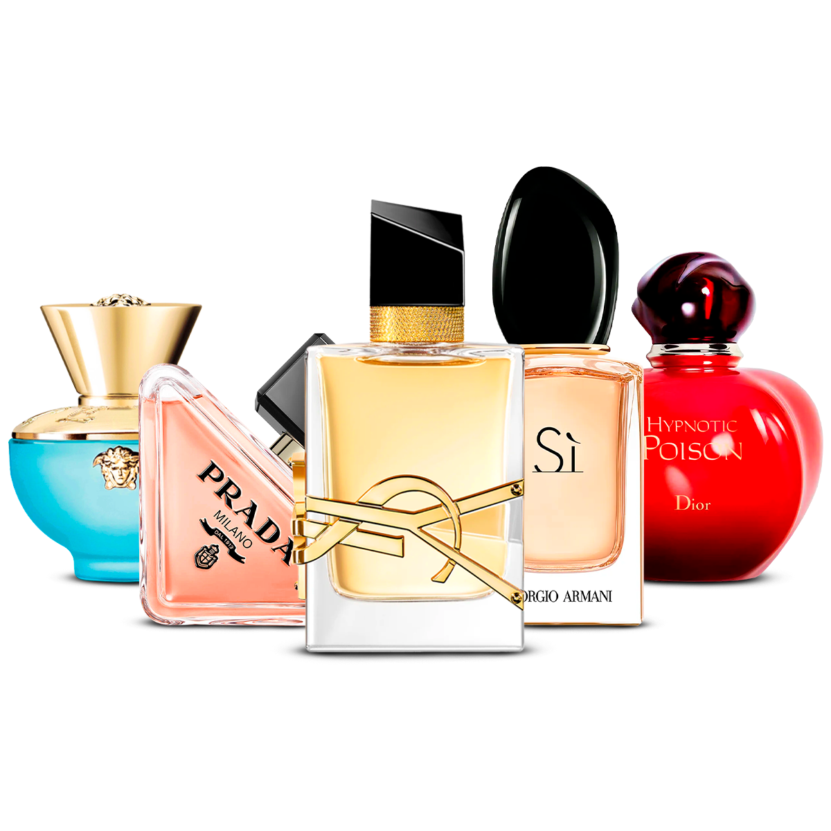 Conjunto de 5 perfumes  – Versace Dylan Turquoise, Prada Paradoxe, Yves Saint Laurent Libre, Giorgio Armani Sì i Dior Hypnotic Poison [100 ml každý]