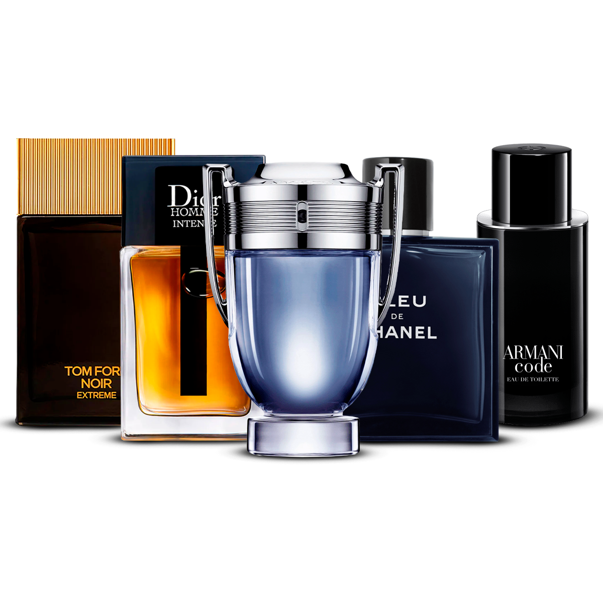 Conjunto de 5 perfumes  – Tom Ford Noir Extrême, Dior Homme Intense, Invictus, Bleu de Chanel i Armani Code [100 ml každý]